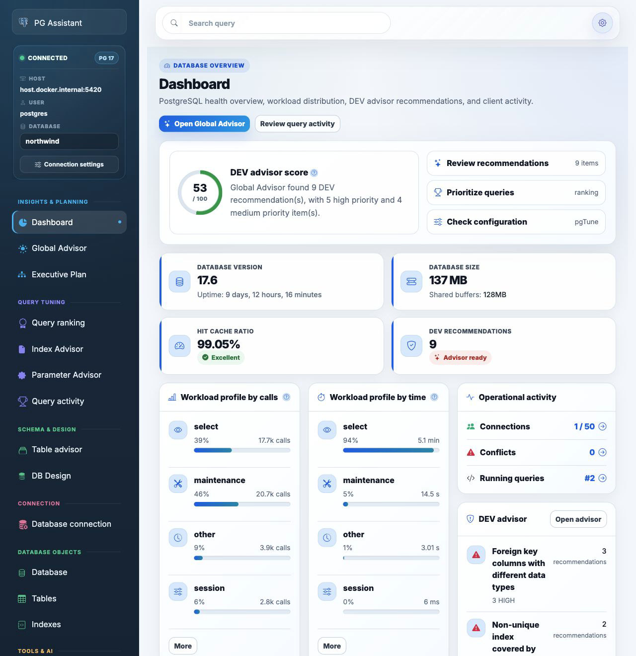 pgAssistant dashboard