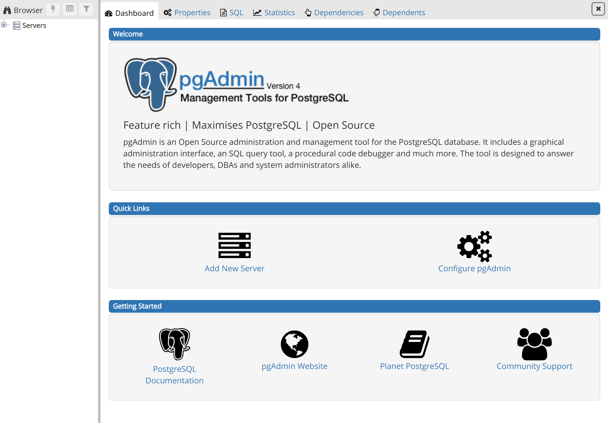 pgAdmin Welcome Page